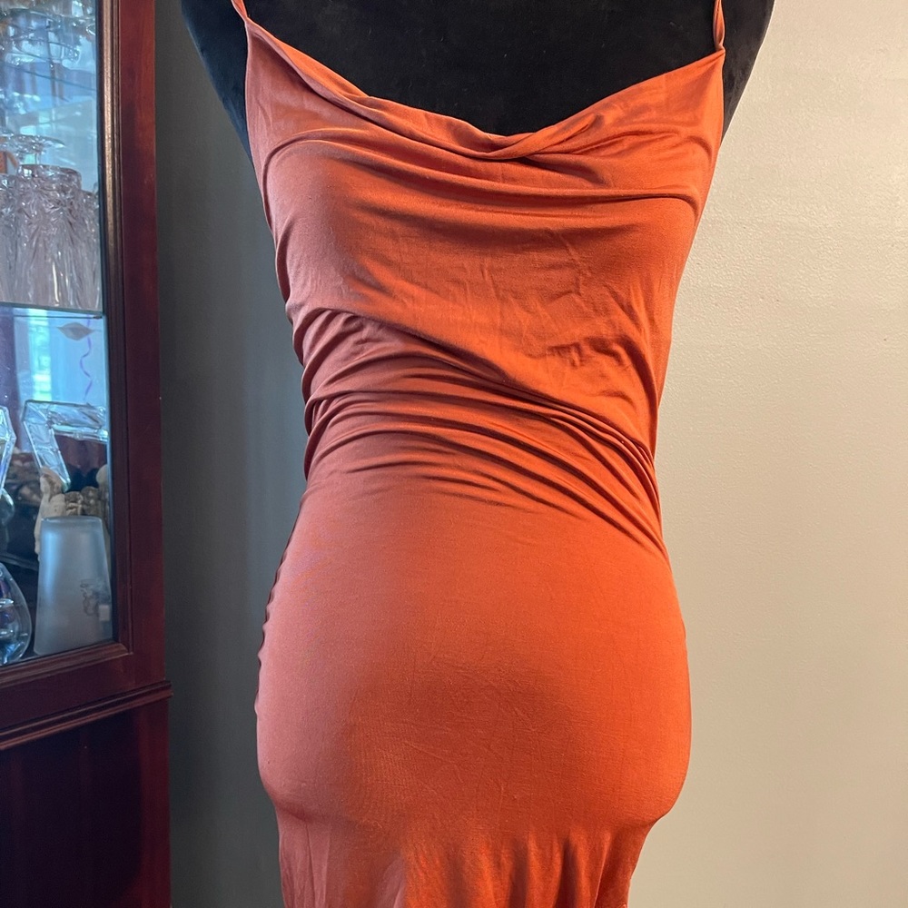 Fall orange fitting dress. Open cut sides and drape top